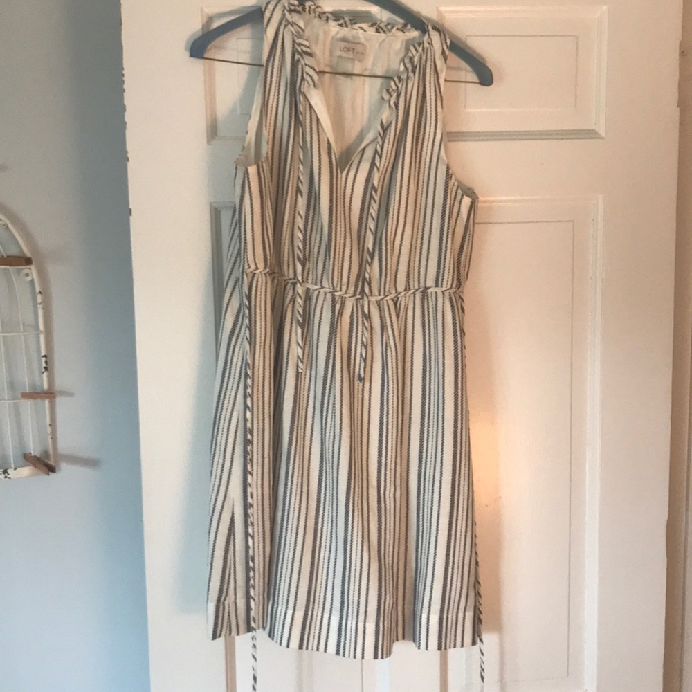 blue and white stripe dress with tie waist